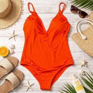Kona Sol One Piece Swimsuit XL Orange V-Neck Adjustable Straps Bathing Suit